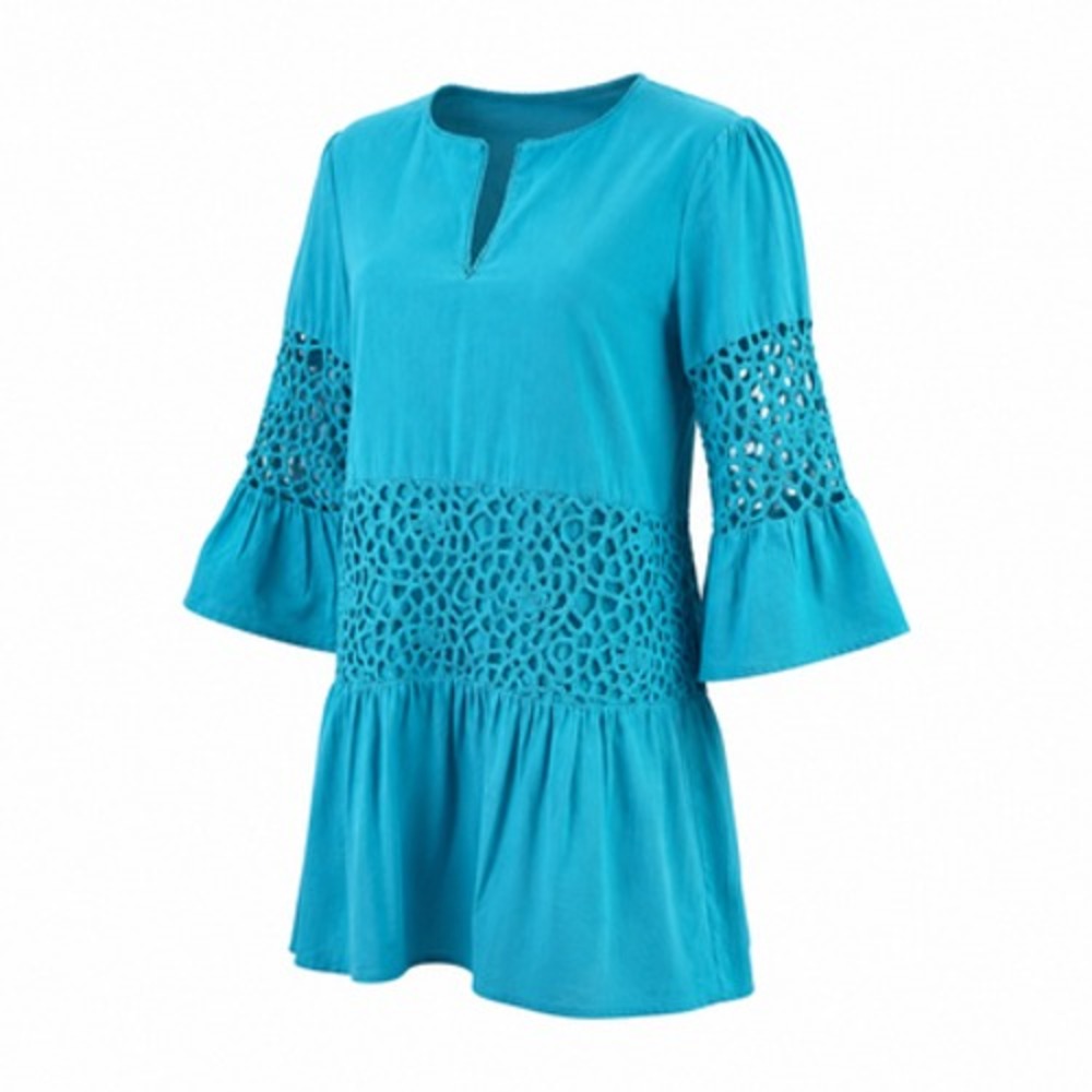 Tyler Boe Tunic Top Womens Medium Blue Crochet Bell Sleeve Boho Beach Resort